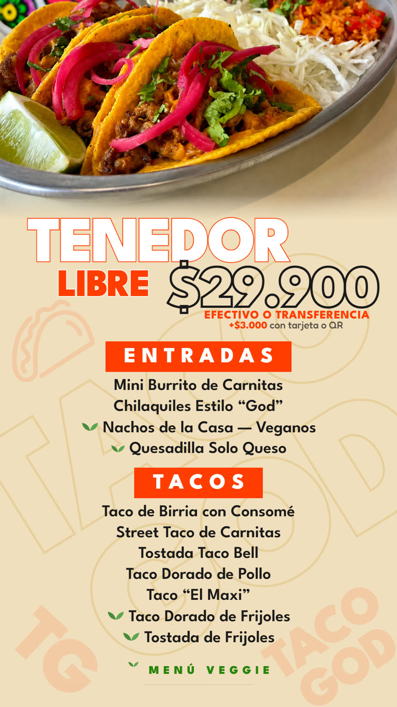 Menú del tenedor libre: entradas y tacos incluidos, $29.900 por persona